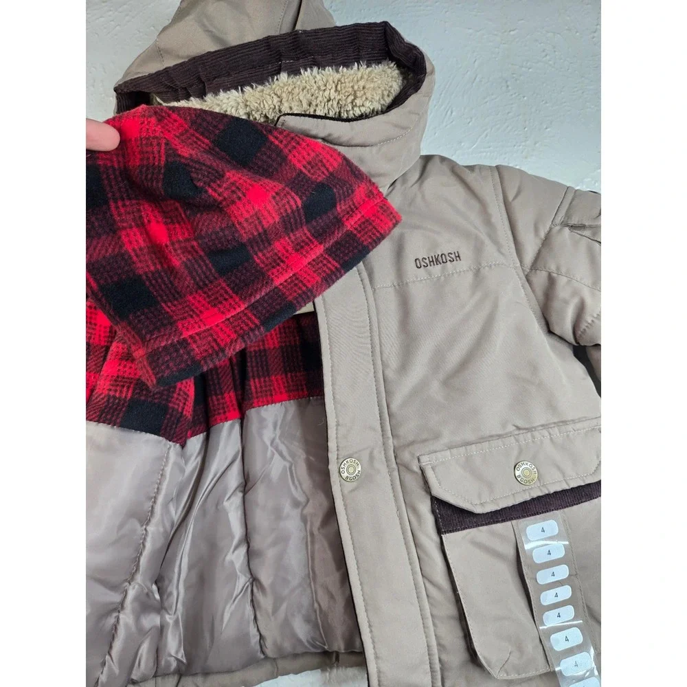 OshKosh Winter Parka Jacket Toddler Boy 4 Tan Plaid Fur Hooded Coat With Beanie